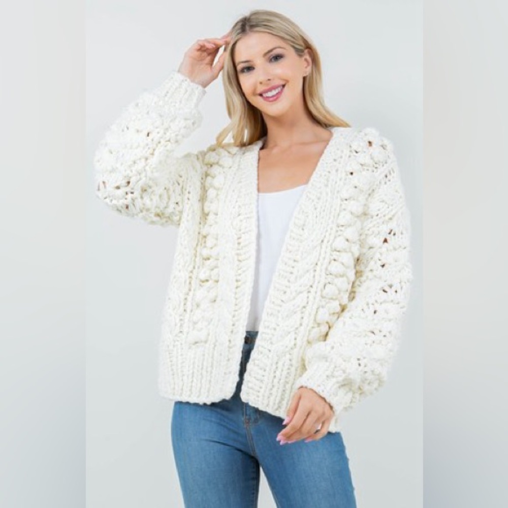 309. LAST 1! CHUNKY POMPOM Cream Open Cardigan Bubble Thick heavyweight sweater - Picture 2 of 8